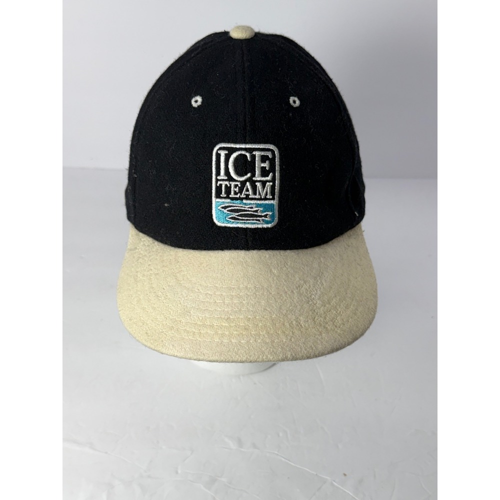 Vintage Ice Team Fishing Hat Black Cream Wool Blend Leather Strapback Cap OSFA